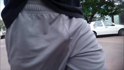 Grey Shorts Freeballing (Commando) flaccid cock swinging - boyfriendtv.com